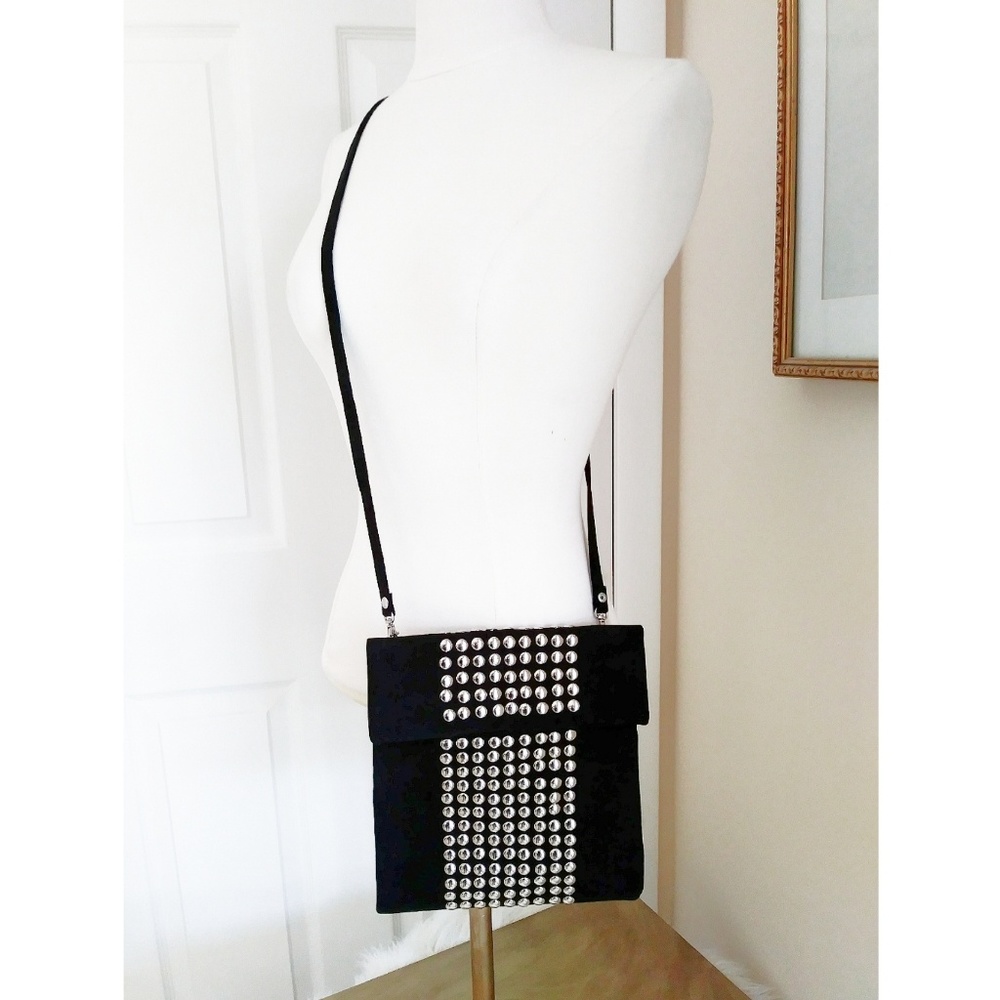 Faux Suede Black Studded Foldover Crossbody